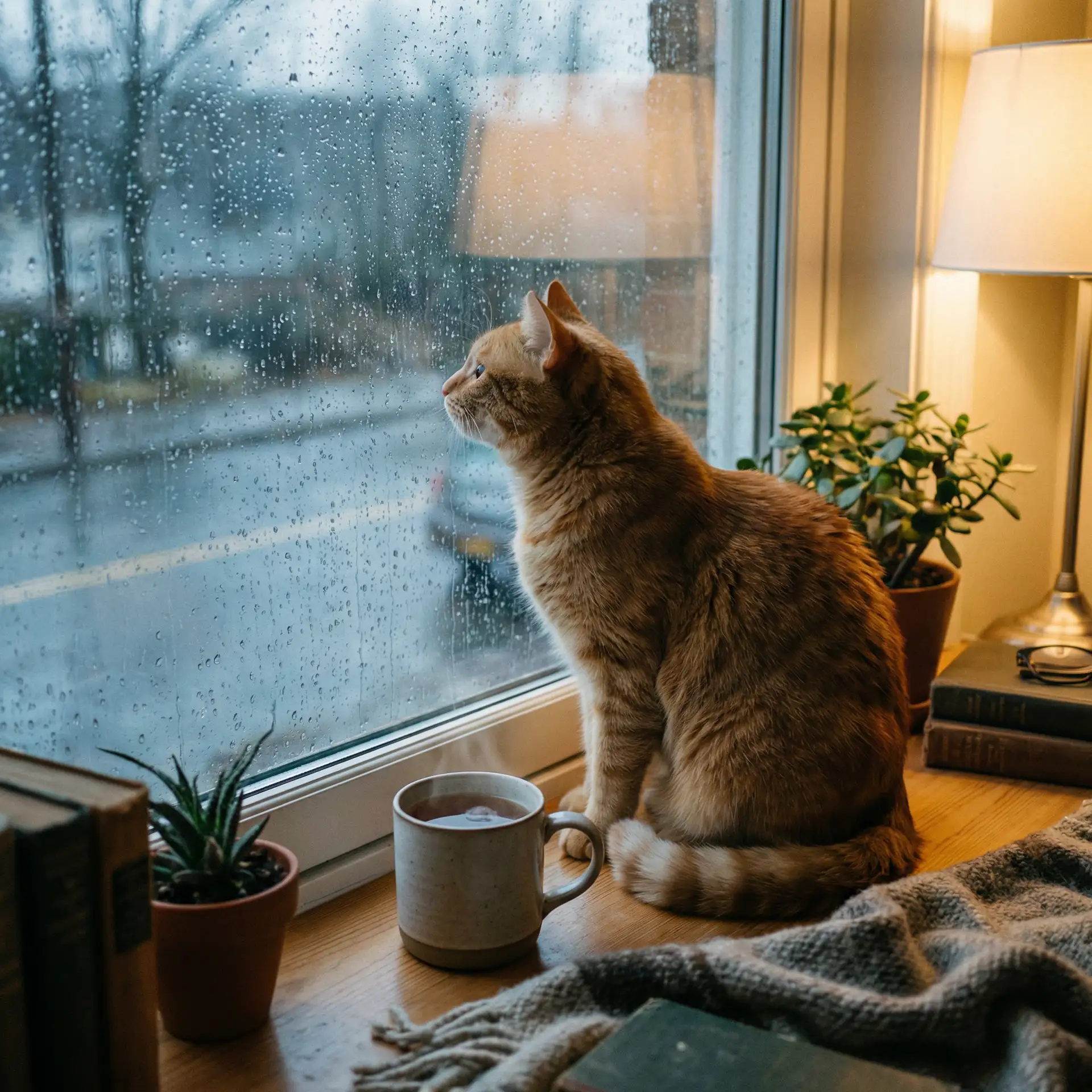 猫咪望着窗外的雨 - 久久在热地址获取